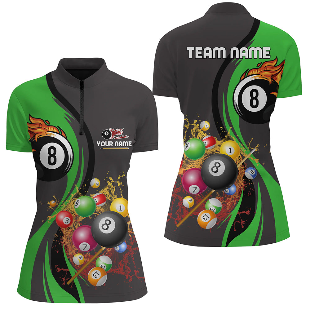 Personalized Customized Fire And Water 8 Ball Pool Billiard Balls Green Quarter-Zip Shirts For Women VHM0480
