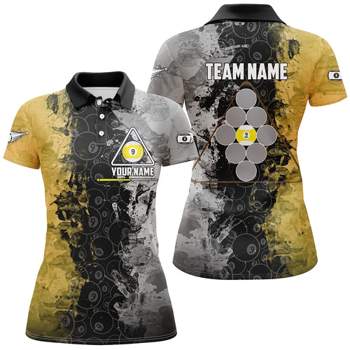 Personalized Yellow Black 9 Ball Pool Polo Shirts For Women, Custom Name Billiard 9 Ball Team Shirts VHM0808