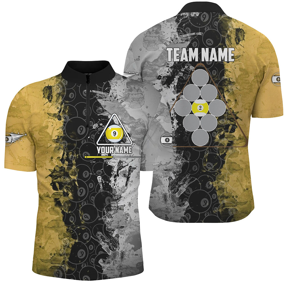 Personalized Yellow Black 9 Ball Pool Quarter-Zip Shirts For Men, Custom Billiard 9 Ball Team Shirt VHM0808