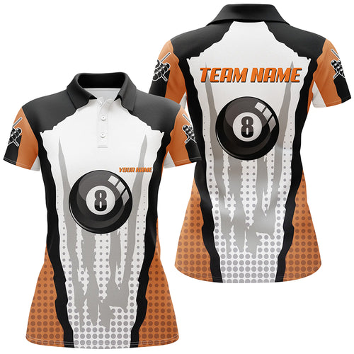 Personalized 8 Ball Pool Orange Billiard Polo Shirts For Women, Custom Billiard Team Shirt VHM0483