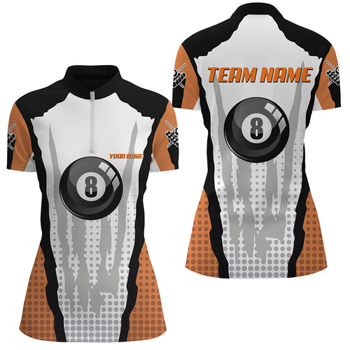 Personalized 8 Ball Pool Orange Billiard Quarter-Zip Shirts For Women, Custom Billiard Team Shirt VHM0483