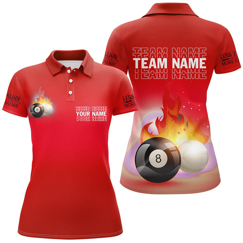 Personalized 8 Ball And Cue Ball Pool Red 3D Polo Shirts For Women, Custom Name Billiard Jerseys VHM0698