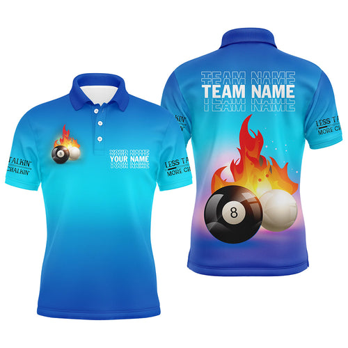 Personalized 8 Ball And Cue Ball Pool Blue 3D Polo Shirts For Men, Custom Name Billiard Jerseys VHM0699
