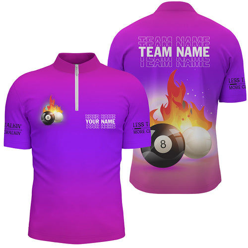 Personalized 8 Ball And Cue Ball Pool Purple 3D Quarter-Zip Shirts For Men, Custom Billiard Jerseys VHM0700