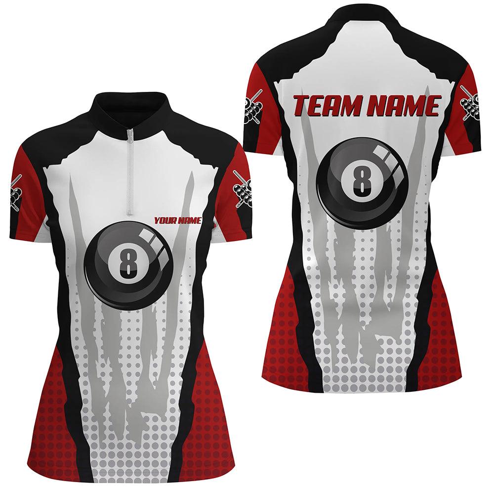 Personalized 8 Ball Pool Red Billiard Quarter-Zip Shirts For Women, Custom Billiard Team Shirt VHM0490