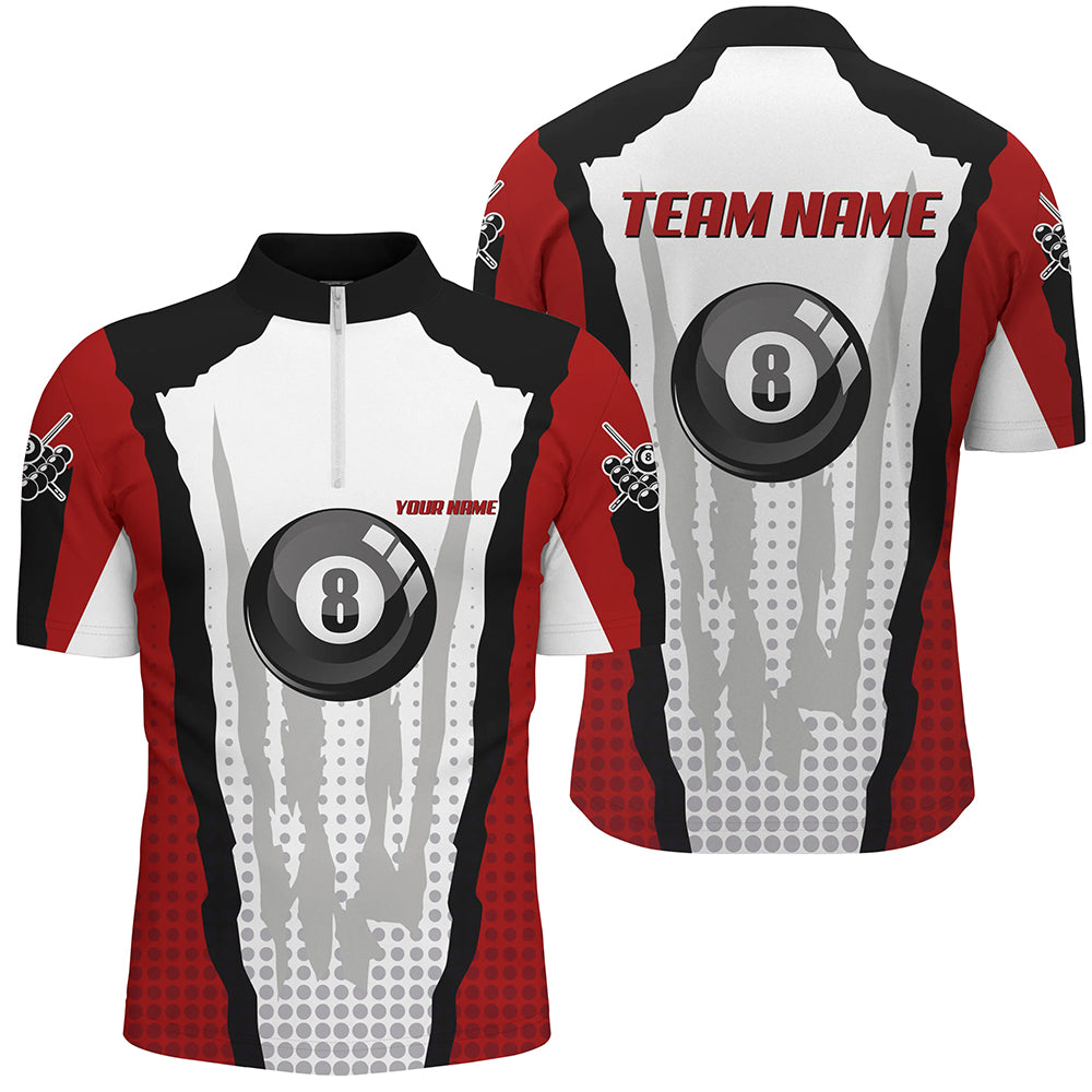 Personalized 8 Ball Pool Red Billiard Quarter-Zip Shirts For Men, Custom Billiard Team Shirt VHM0490