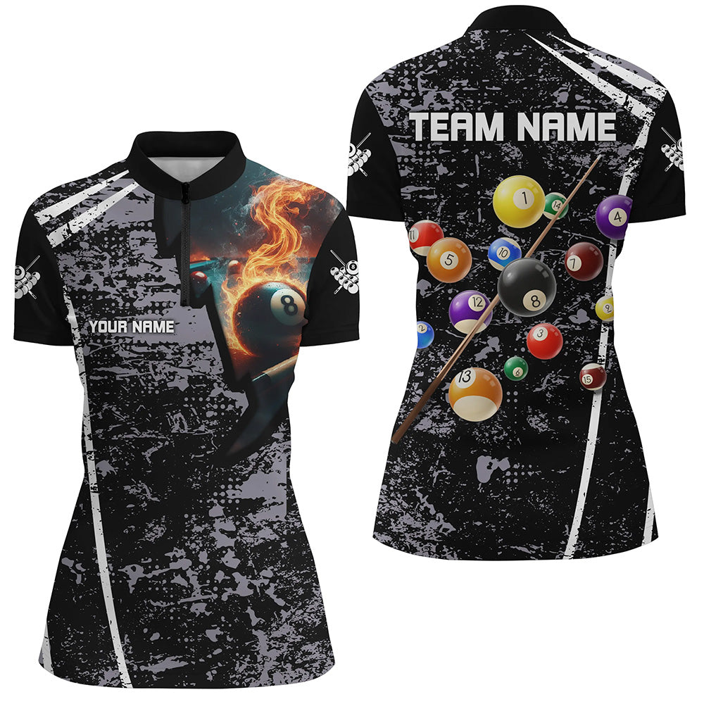 Personalized Grey Grunge Fire 8 Ball Billiard Quarter-Zip Shirts For Women Custom 3D Billiard Jerseys VHM0952
