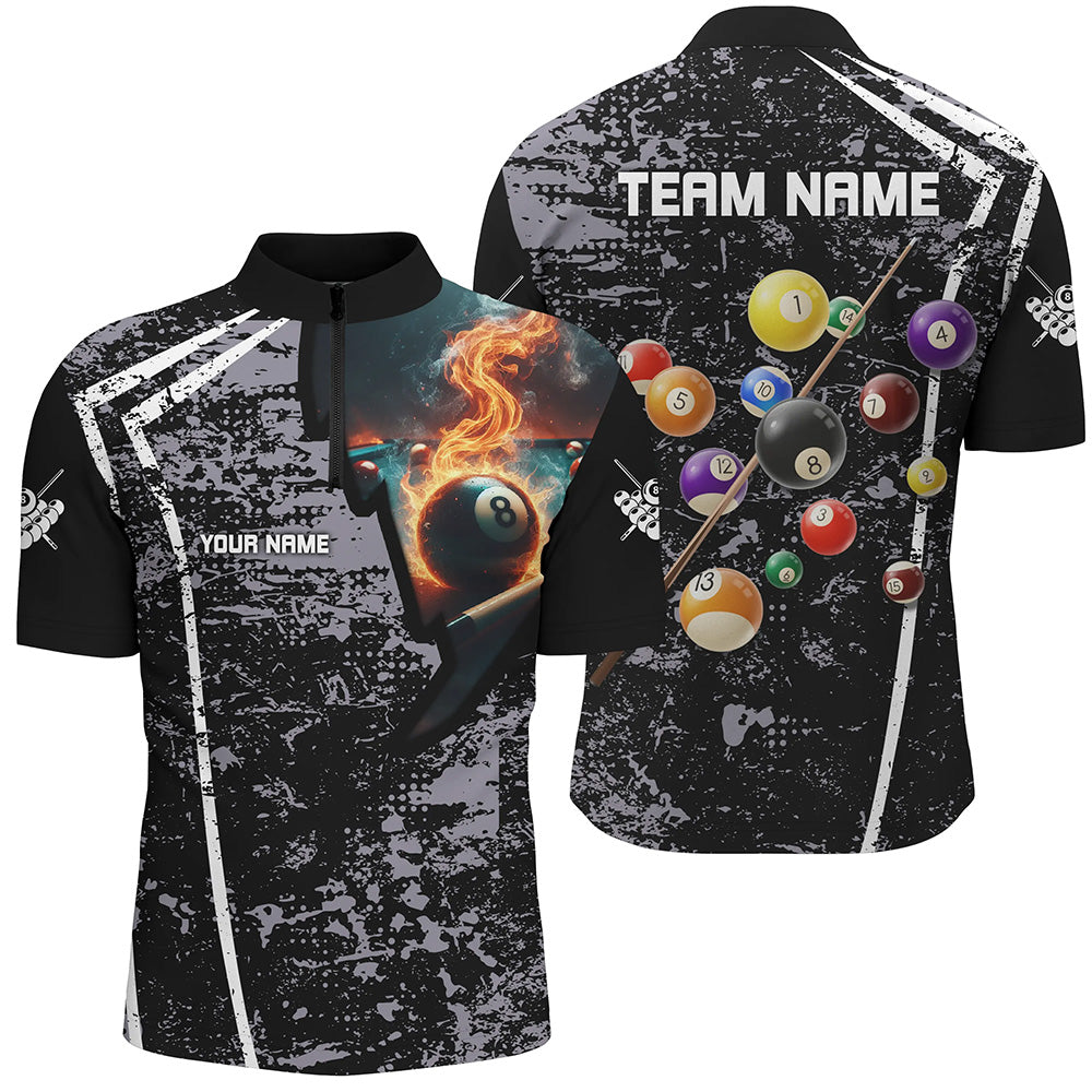 Personalized Grey Grunge Fire 8 Ball Billiard Quarter-Zip Shirts For Men Custom 3D Billiard Jerseys VHM0952