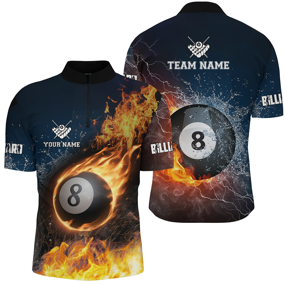 Personalized Billiard 8 Ball Fire And Water 3D Quarter-Zip Shirt For Men, Custom Billiards Jerseys VHM0253