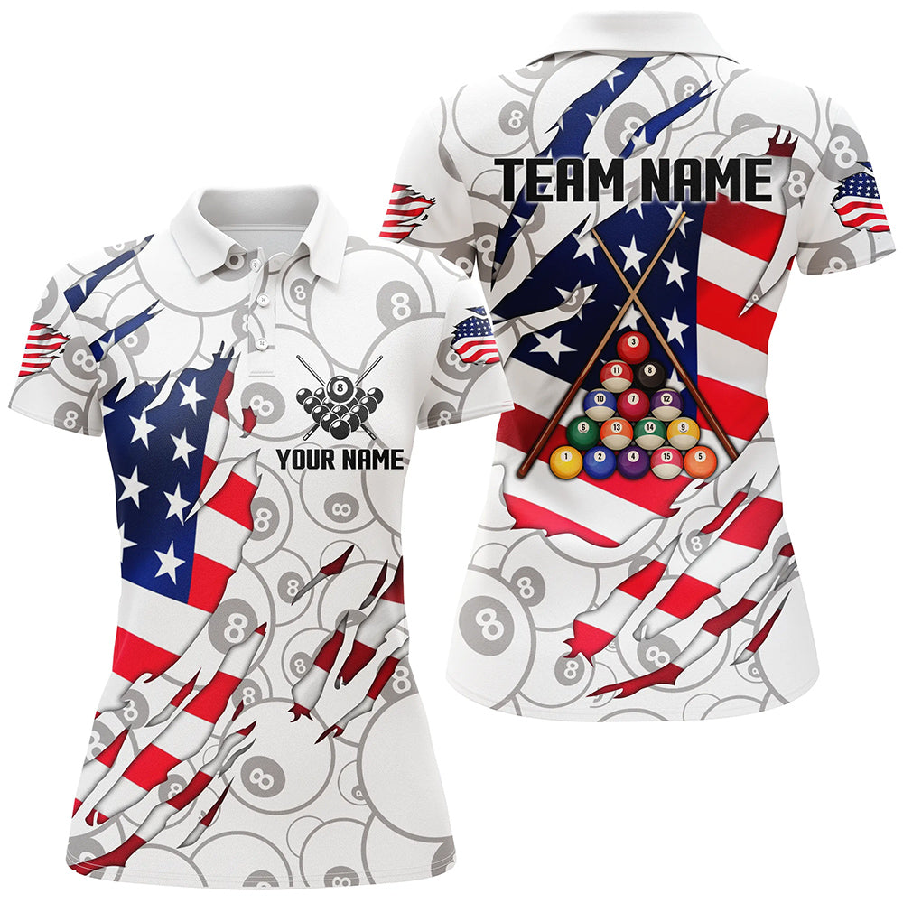 8 Ball Pattern US Flag Custom Billiard Polo Shirts For Women, Custom Pool Billiard Balls Jerseys VHM0083