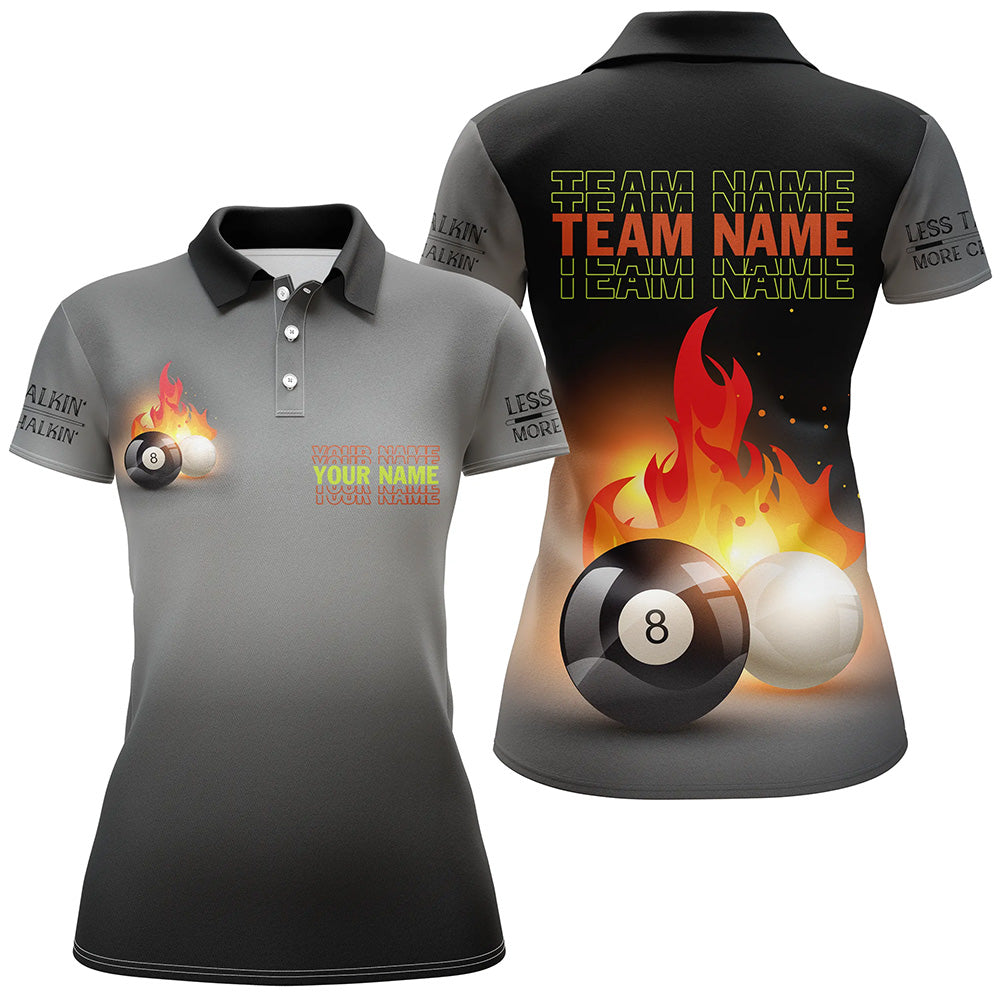 Personalized 8 Ball And Cue Ball Pool Black 3D Polo Shirts For Women, Custom Name Billiards Jerseys VHM0313