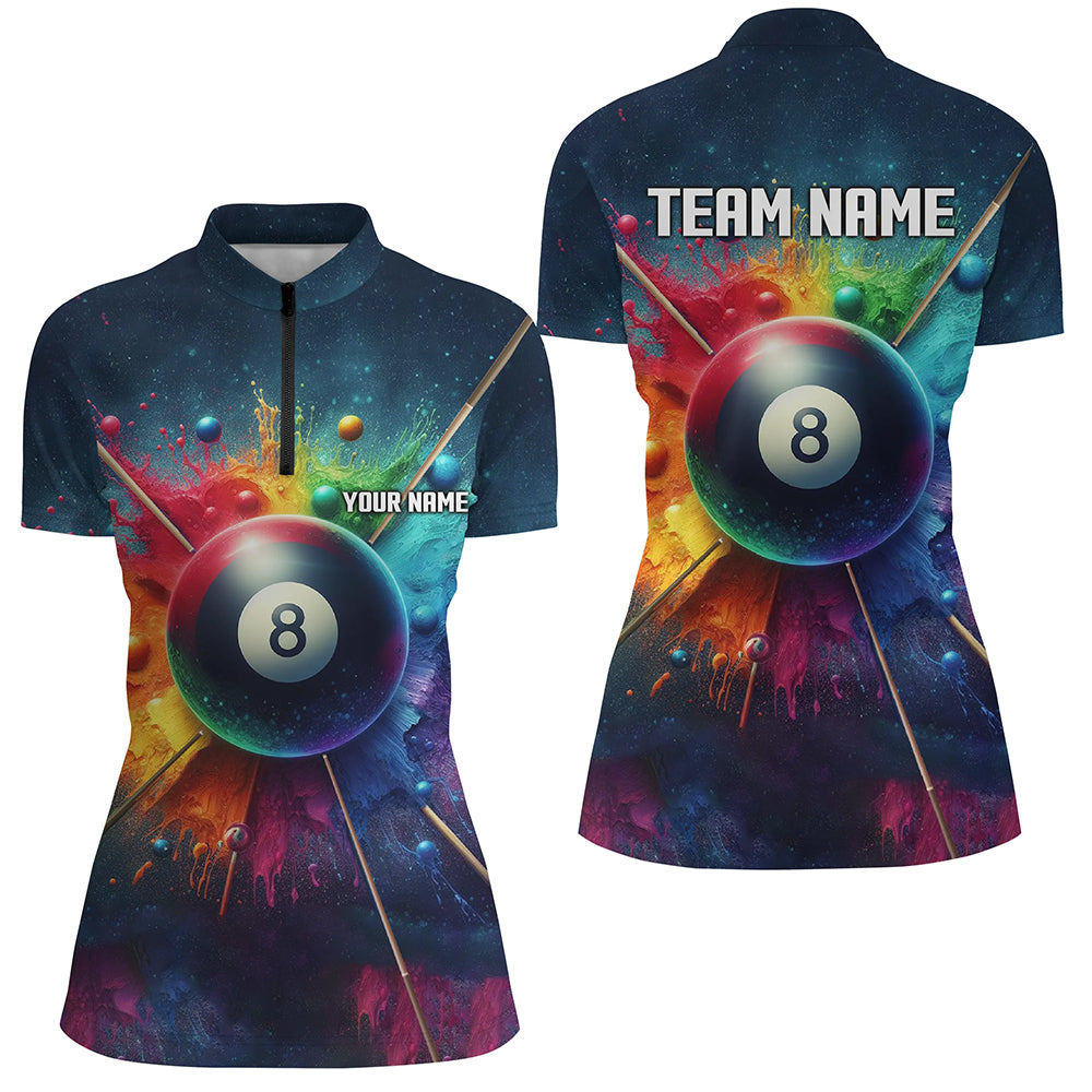 Personalized Colorful Painted 8 Ball Billiard 3D Quarter-Zip Shirts For Women, 8 Ball Pool Jerseys VHM0992