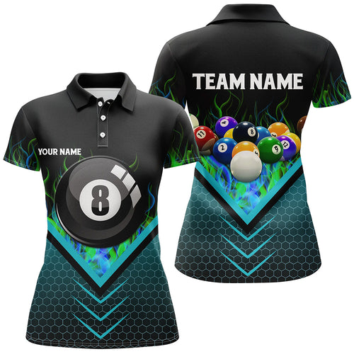Personalized Fire Hive Blue 8 Ball Billiard 3D Polo Shirts For Women, Custom Pool Balls Team Jerseys VHM1061