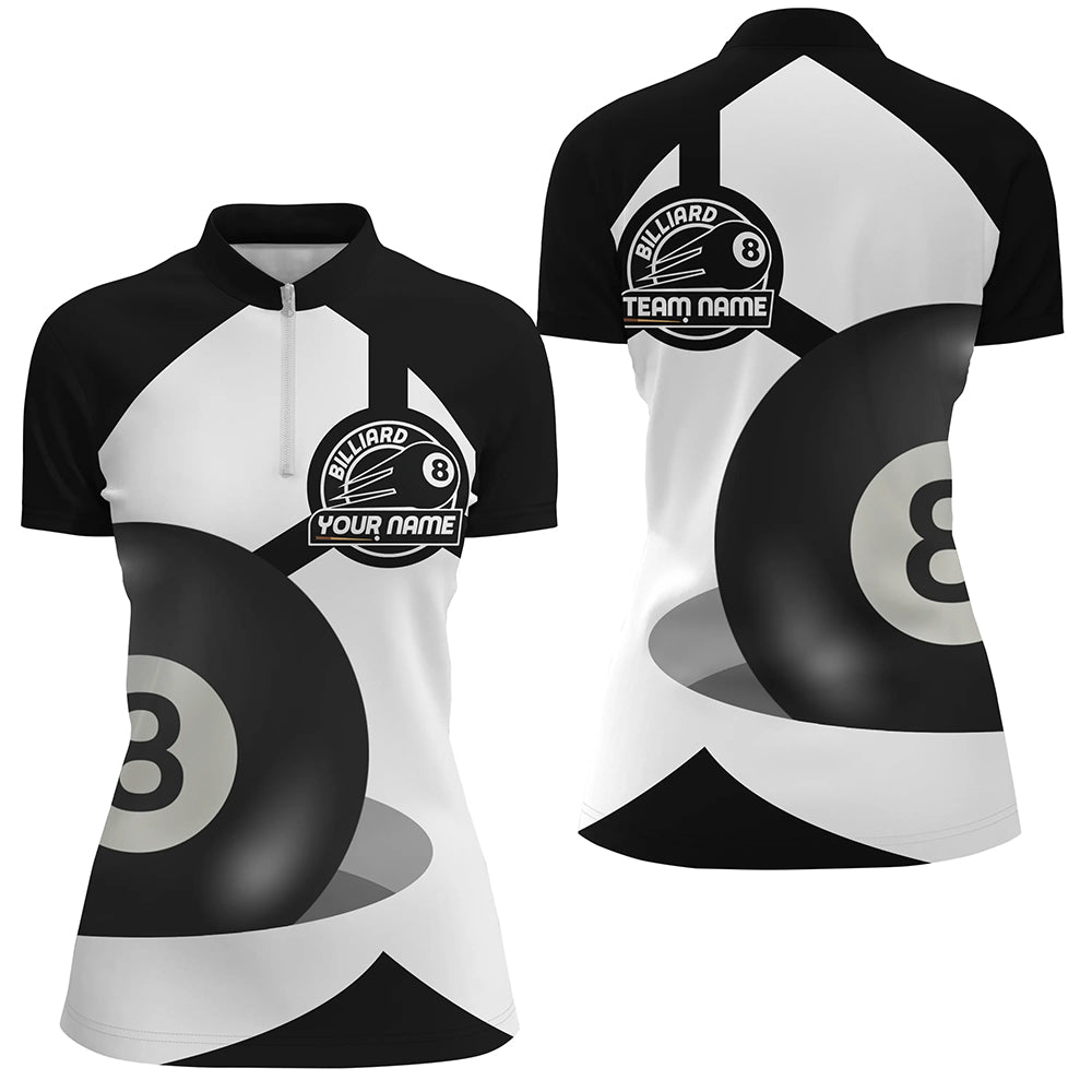 Personalized 8 Ball Pool Black White Billiard Quarter-Zip Shirts For Women, Pool Billiards Jerseys VHM0572