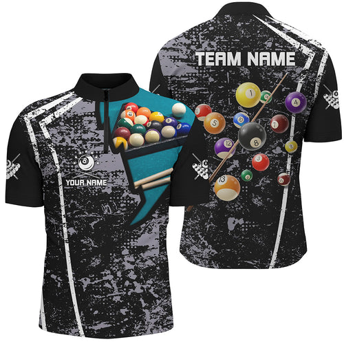 Personalized Grey Grunge Billiard Quarter-Zip Shirts For Men Custom 3D Pool Balls Billiard Jerseys VHM0739