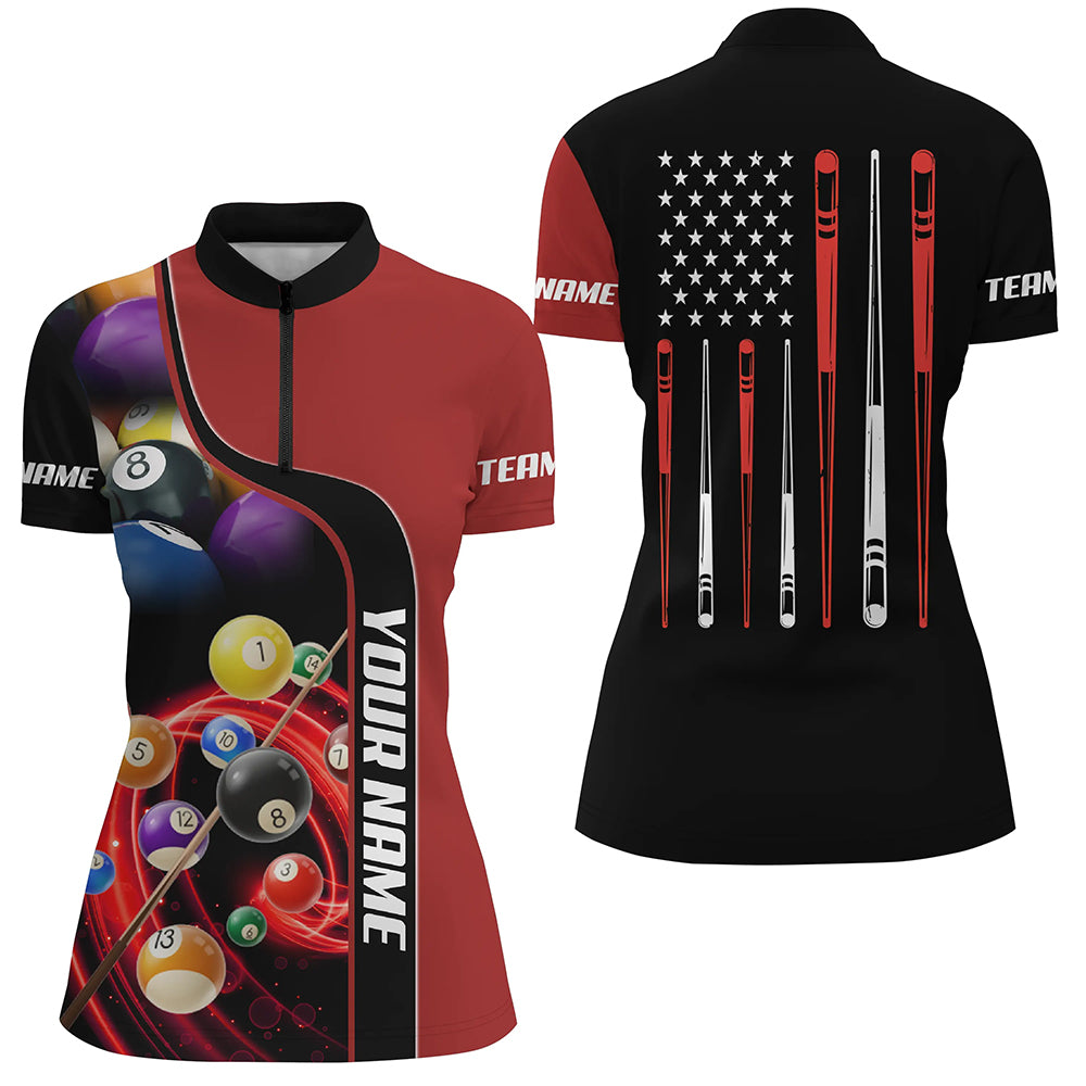 Personalized Red Pool Balls 3D Quarter-Zip Shirts For Women Custom US Flag Sticks Billiard Jerseys VHM0749