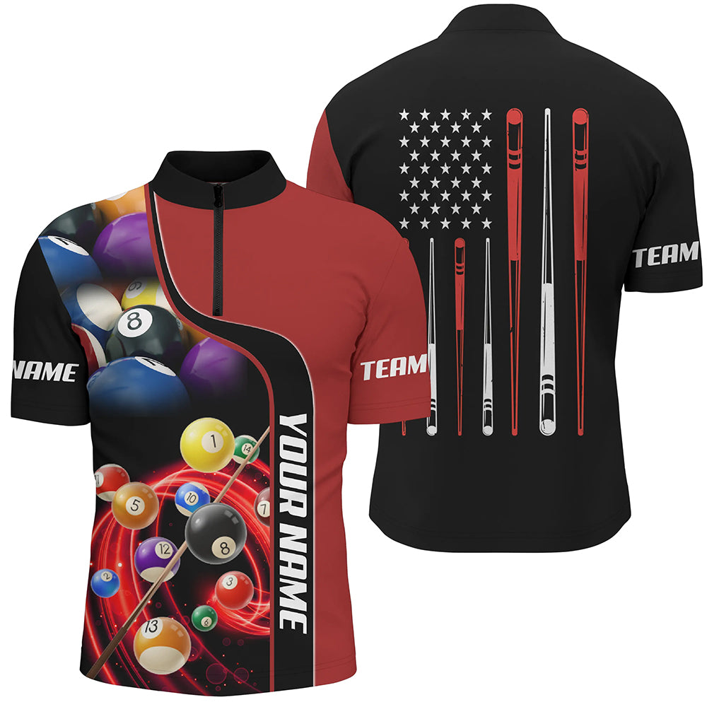 Personalized Red Pool Balls 3D Quarter-Zip Shirts For Men Custom US Flag Sticks Billiard Jerseys VHM0749