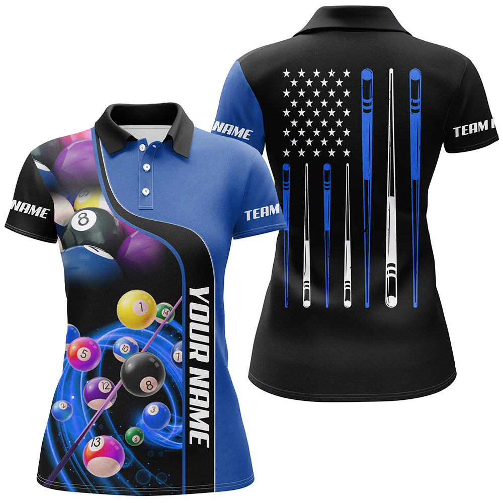 Personalized Blue Billiard Balls 3D Polo Shirts For Women, Custom US Flag Stick Billiard Team Shirts  VHM0750