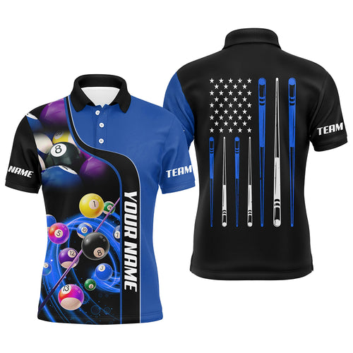 Personalized Blue Billiard Balls 3D Polo Shirts For Men, Custom US Flag Stick Billiard Team Shirts  VHM0750