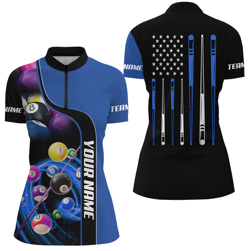 Personalized Blue Pool Balls 3D Quarter-Zip Shirts For Women, Custom US Flag Stick Billiard Jerseys VHM0750