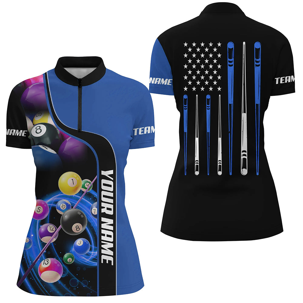 Personalized Blue Pool Balls 3D Quarter-Zip Shirts For Women, Custom US Flag Stick Billiard Jerseys VHM0750