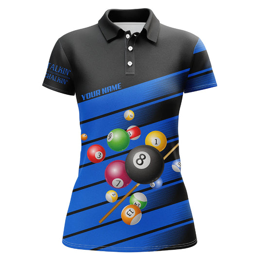 Personalized Blue Billiard Balls 3D Polo Shirts For Women, Less Talkin More Chalkin Billiard Jerseys VHM0751