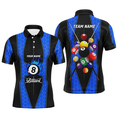 Personalized Style Blue Fire 8 Ball Billiard 3D Polo Shirts For Men, Custom Pool Balls Team Jerseys VHM1068