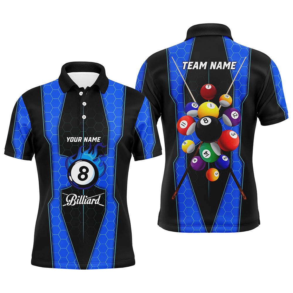 Personalized Style Blue Fire 8 Ball Billiard 3D Polo Shirts For Men, Custom Pool Balls Team Jerseys VHM1068