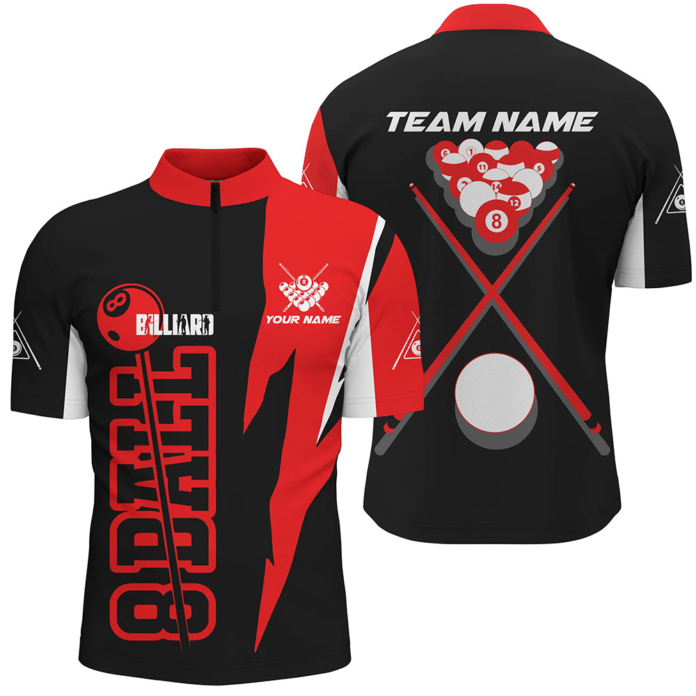 Personalized Red Black 8 Ball Pool Quarter-Zip Shirts For Men, Custom 8 Ball Billiards Team Shirts VHM0593