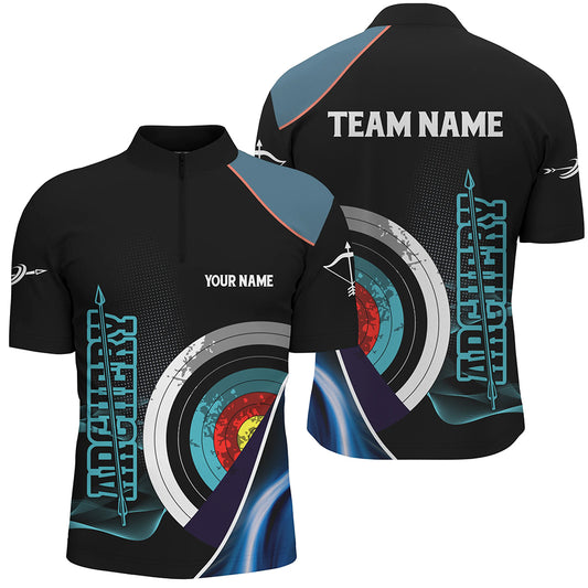 Personalized 3D Targets Archery Quarter-Zip Shirts For Men, Custom Blue Black Archery Team Shirts VHM0600