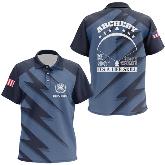 Personalized Its A Life Skill Archery Polo Shirts For Kids, Custom Blue US Flag Archery Shirts VHM0767