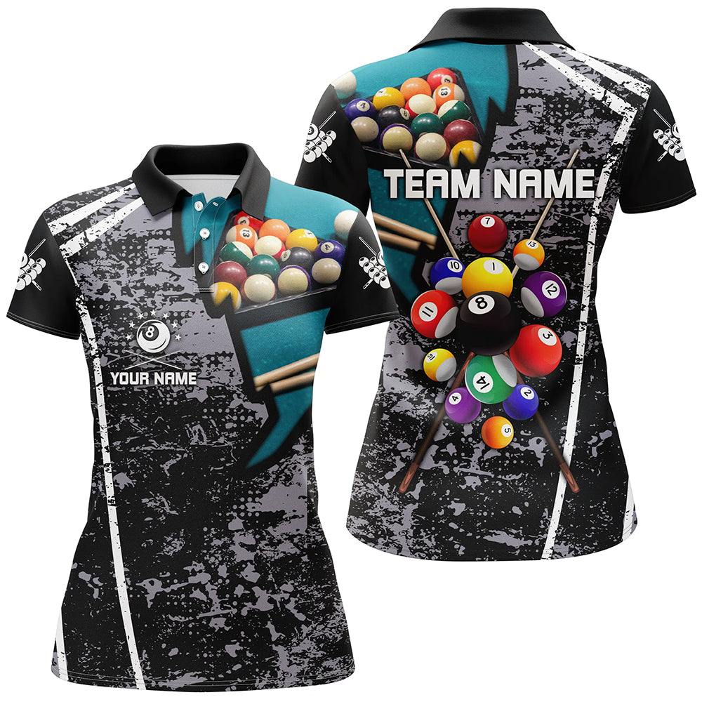 Personalized Grey Grunge Billiard Polo Shirts For Women, Custom 3D Pool Balls Billiard Jerseys  VHM0186