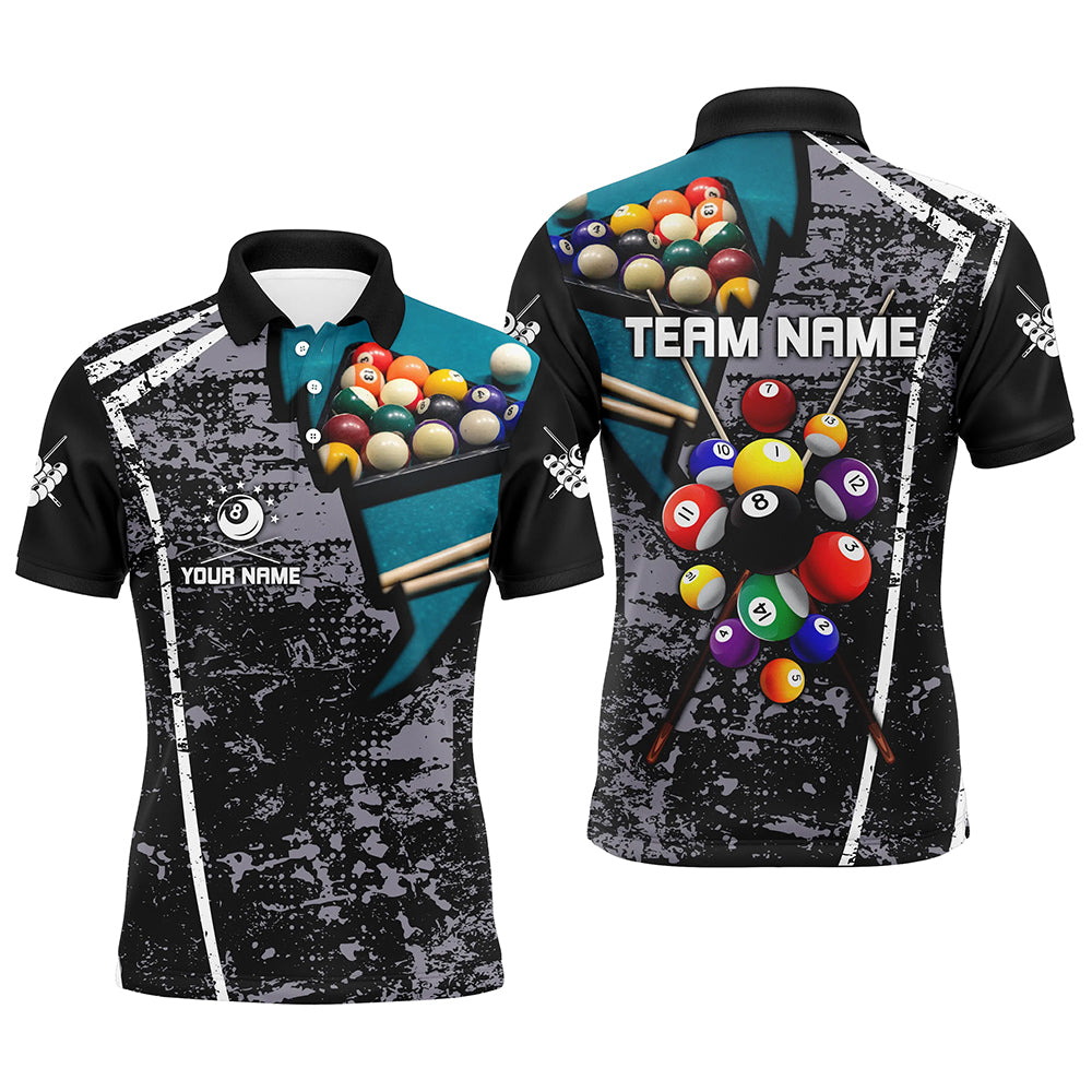 Personalized Grey Grunge Billiard Polo Shirts For Men, Custom 3D Pool Balls Billiard Jerseys  VHM0186