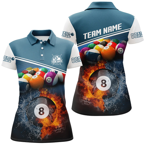 Personalized Fire And Water 8 Ball Billiards Blue 3D Polo Shirts For Women, Custom Billiards Jerseys VHM0421