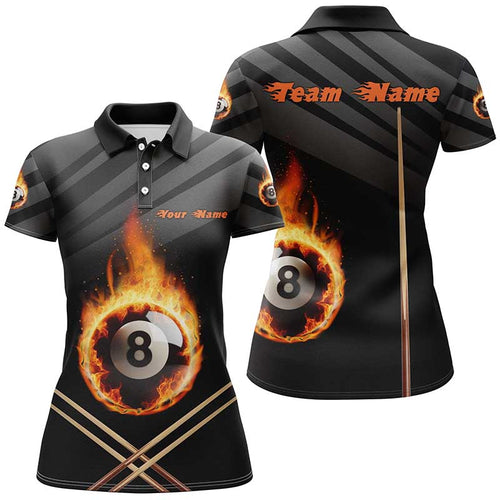 Personalized Fire 8 Ball Billiard 3D Polo Shirts For Women, Custom Name 8 Ball Pool Team Jerseys VHM1015