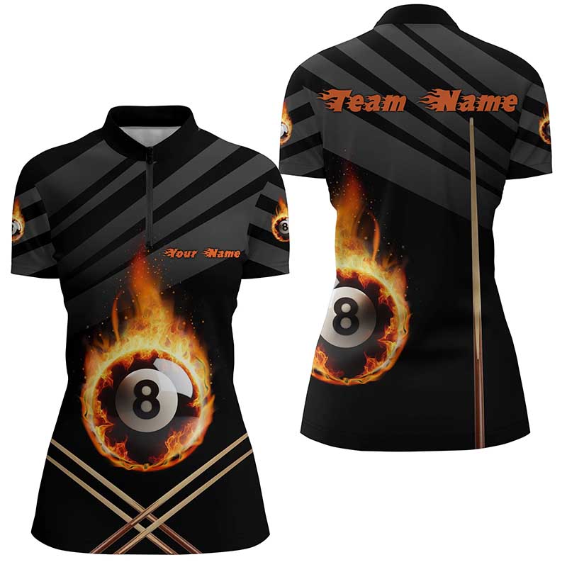 Personalized Fire 8 Ball Billiard 3D Quarter-Zip Shirts For Women, Custom 8 Ball Pool Team Jerseys VHM1015