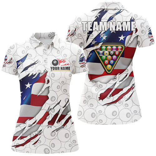 Billiards Balls 8 Ball Pattern White US Flag Custom Name Billiard Polo Shirts For Women VHM0038