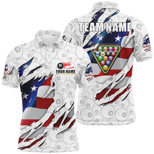 Billiards Balls 8 Ball Pattern White US Flag Custom Name Billiard Polo Shirts For Men VHM0038