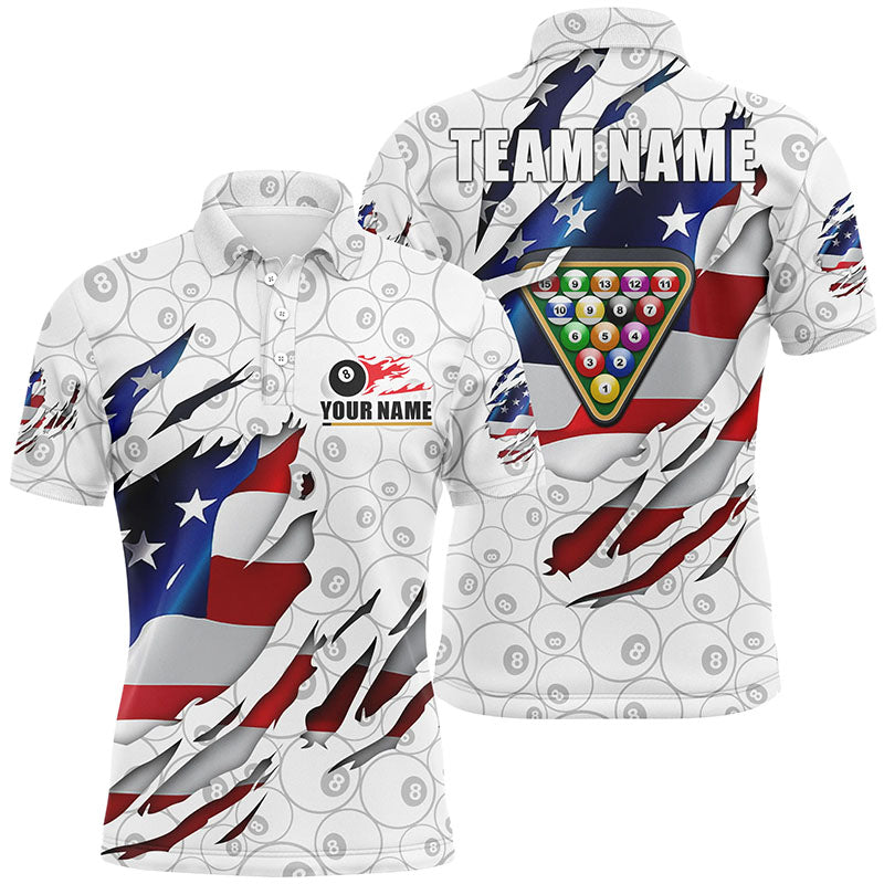 Billiards Balls 8 Ball Pattern White US Flag Custom Name Billiard Polo Shirts For Men VHM0038