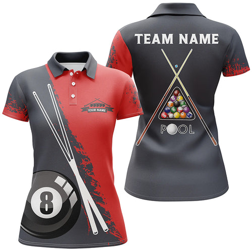 Personalized 8 Ball Pool Billiards Red Black 3D Polo Shirts For Women, Custom Pool Billiards Jerseys VHM0438