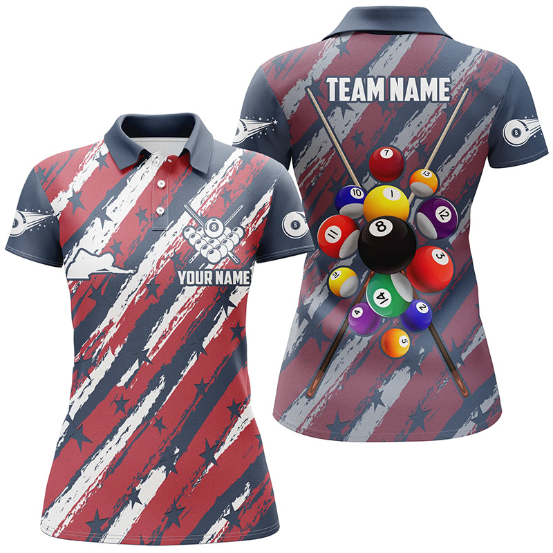 Personalized US Flag Pattern Stars Filled Billiard Polo Shirts For Women, 8 Ball Billiards Jerseys VHM0443