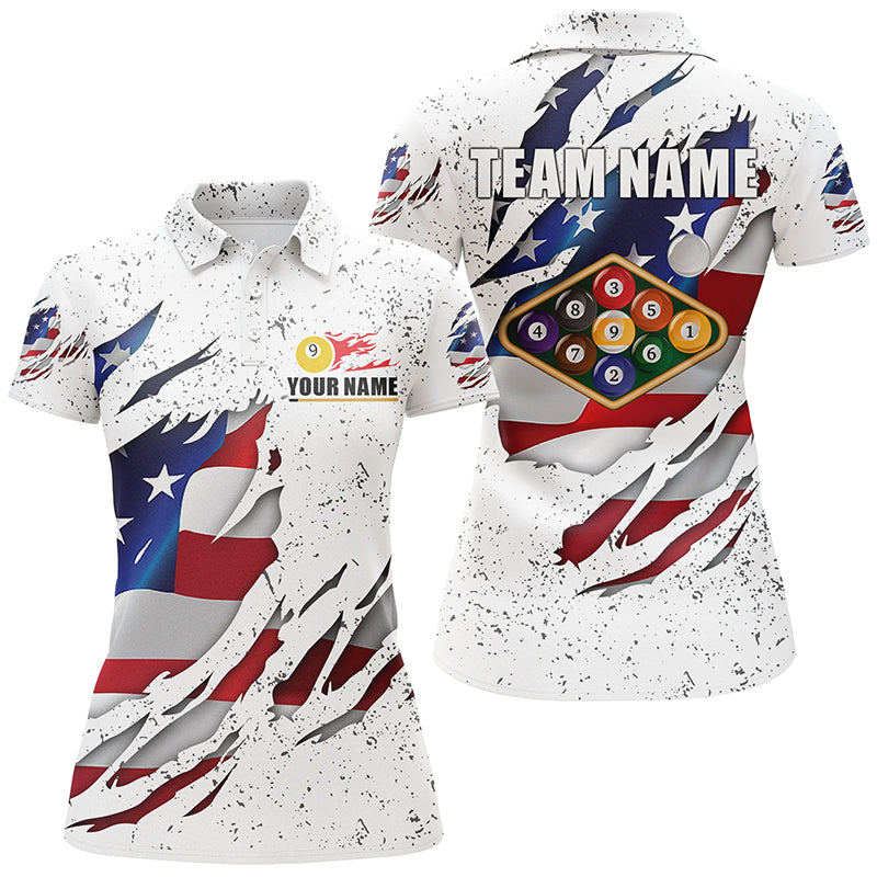 Billiards Balls US Flag White Grunge Custom Name Billiard Polo Shirts For Women, 9 Ball Pool Shirts VHM0643