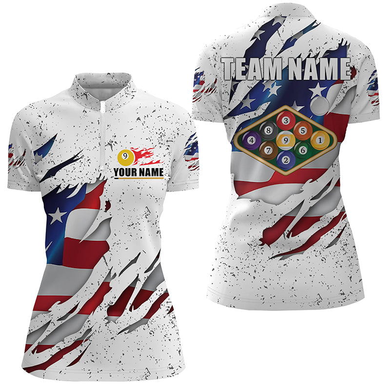 Billiards Balls US Flag White Grunge Custom Billiard Quarter-Zip Shirts For Women, 9 Ball Pool Shirts VHM0643