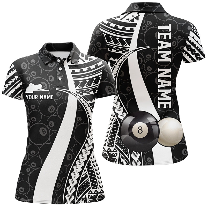 BW Tribal Custom Billiard 3D Polo Shirts For Women, Personalized 8 Ball Pattern Billiards Jerseys  VHM0449