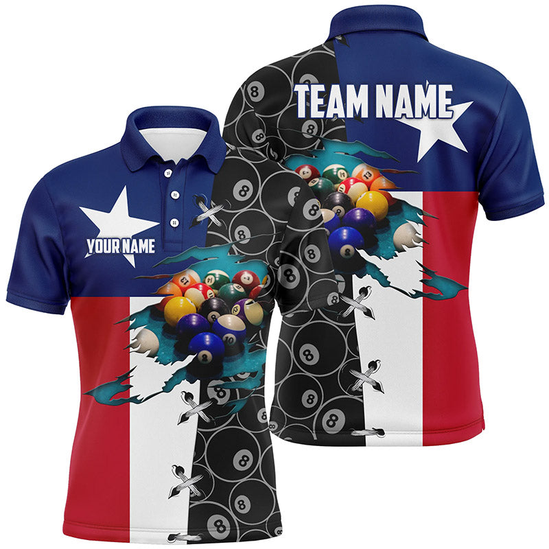 Personalized Texas Flag Billiard Polo Shirts For Men, Custom 8 Ball Pattern Pool Balls Jerseys VHM0653