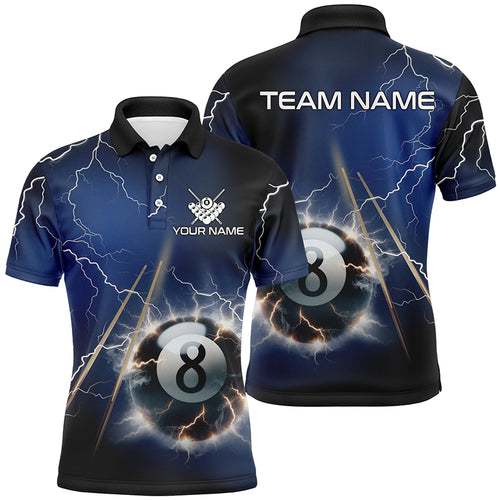 Personalized Thunder Lighting Blue 8 Ball Billiard 3D Polo Shirts For Men Custom Pool Balls Jerseys VHM1030