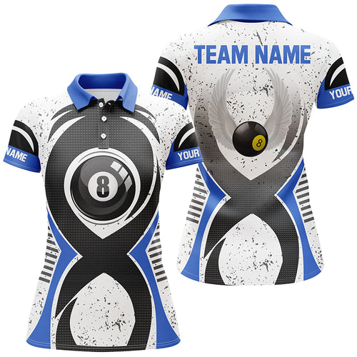 Personalized 8 Ball Pool Blue White Grunge Billiard Polo Shirts For Women, Custom Billiards Jerseys VHM0469