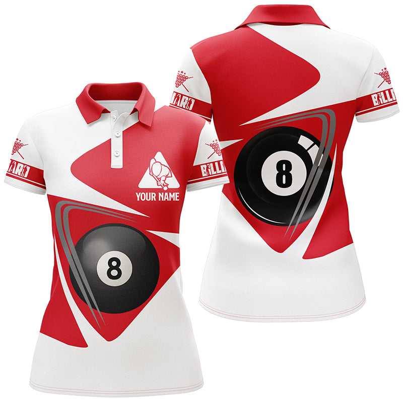 Personalized White And Red 8 Ball Billiards Polo Shirts For Women, Custom Player Billiards Shirts VHM0063