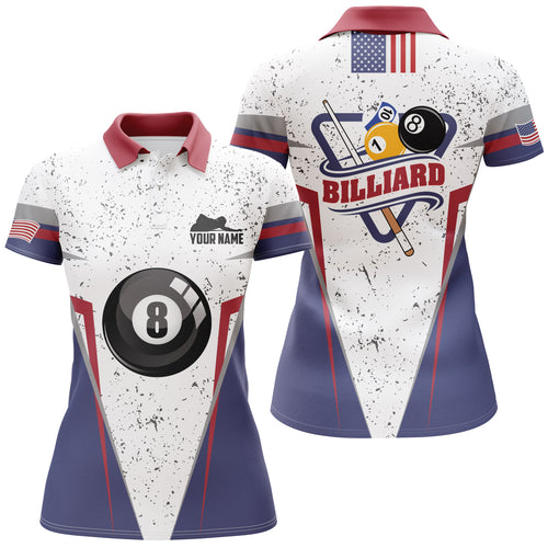 Personalized 8 Ball Pool Player White Grunge Polo Shirts For Women, Custom Billiard Balls Jerseys VHM0227