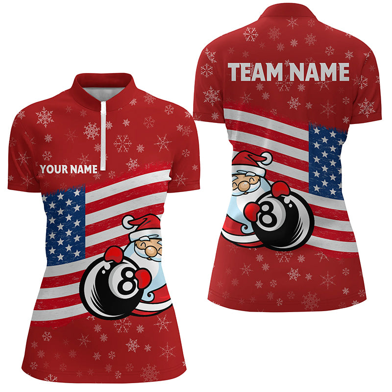 Personalized US Flag 8 Ball Pool With Santa Christmas Billiard Quarter-Zip Shirts For Women VHM0670